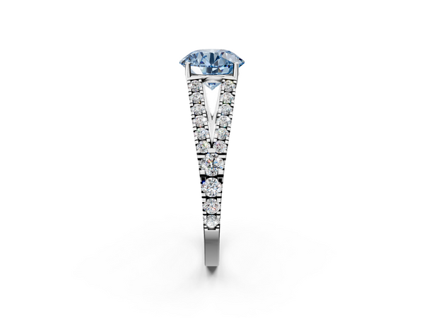 White gold Fancy Blue Round  Cut Split Shank Pave Diamond Engagement Ring with Four-Prong Setting