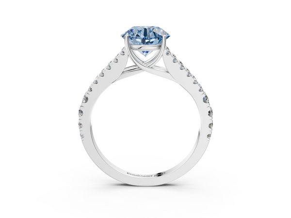 White gold Fancy Blue Round  Cut Split Shank Pave Diamond Engagement Ring with Four-Prong Setting
