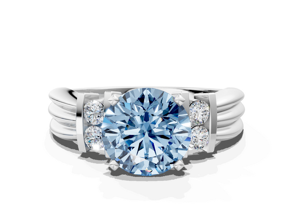 Platinum Fancy Blue Round  Cut Three-Stone Channel Set Ring with Bar Prongs
