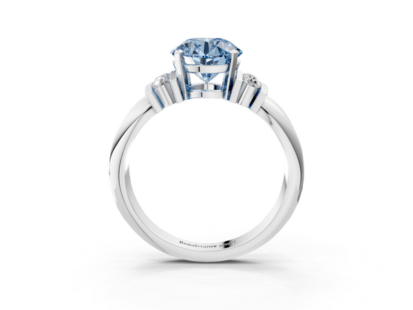 Platinum Fancy Blue Round  Cut Three-Stone Channel Set Ring with Bar Prongs