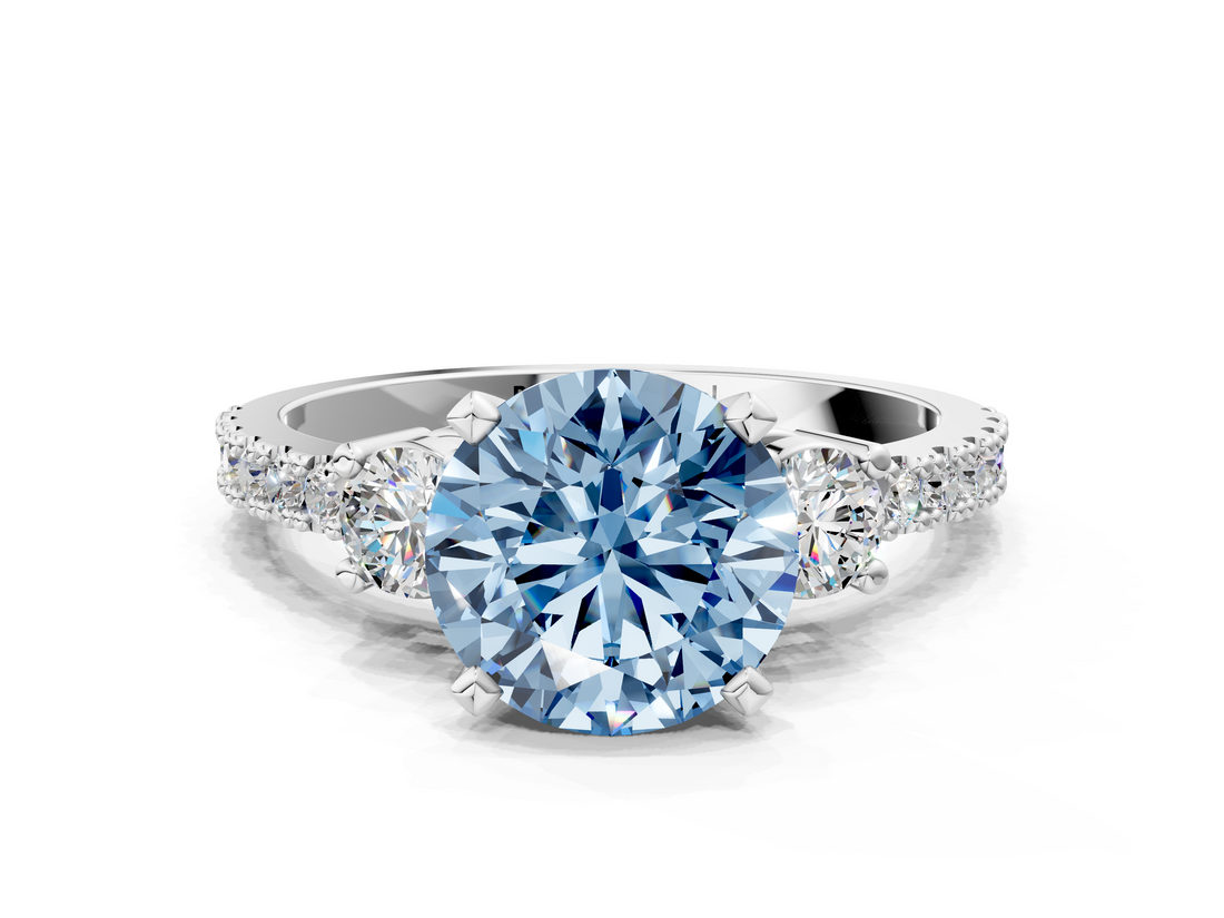 White gold Fancy Blue Round  Cut Three-Stone Diamond Pavé Band with Prong Setting_17