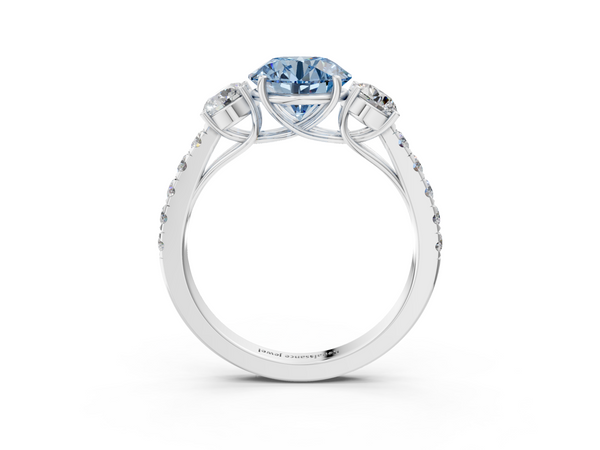 White gold Fancy Blue Round  Cut Diamond Three-Stone Ring with Round Side Stones and Pavé Band