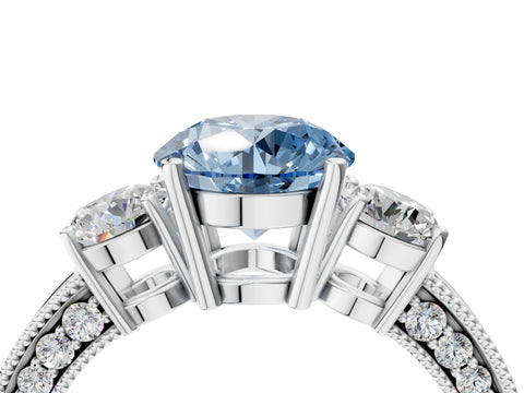 White gold Fancy Blue Round Cut Three-Stone Diamond Ring with Pavé Band and Four-Prong Setting_16
