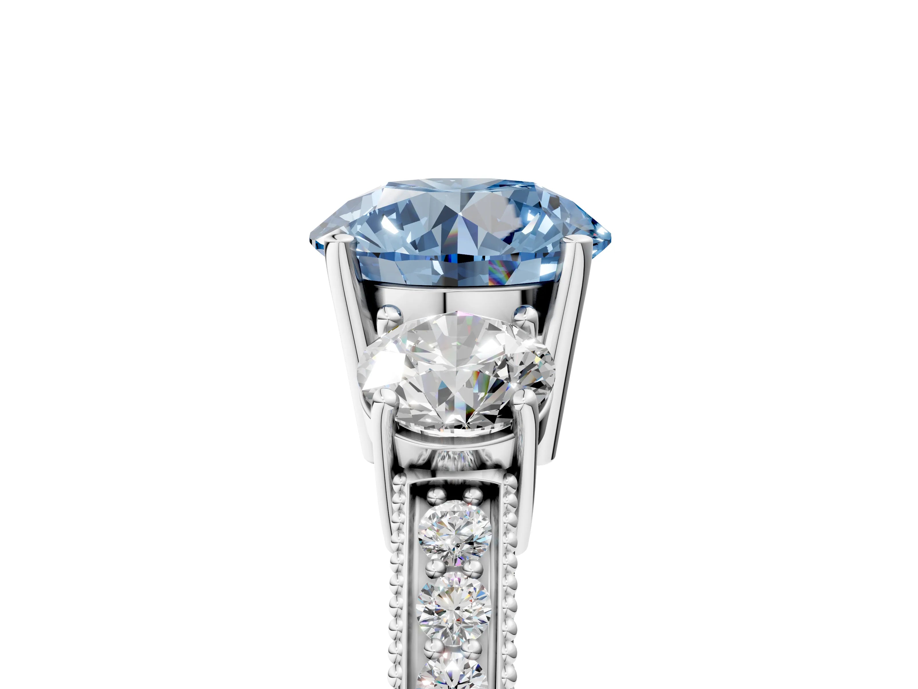 White gold Fancy Blue Round Cut Three-Stone Diamond Ring with Pavé Band and Four-Prong Setting_17