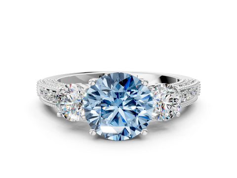 White gold Fancy Blue Round Cut Three-Stone Diamond Ring with Pavé Band and Four-Prong Setting_24
