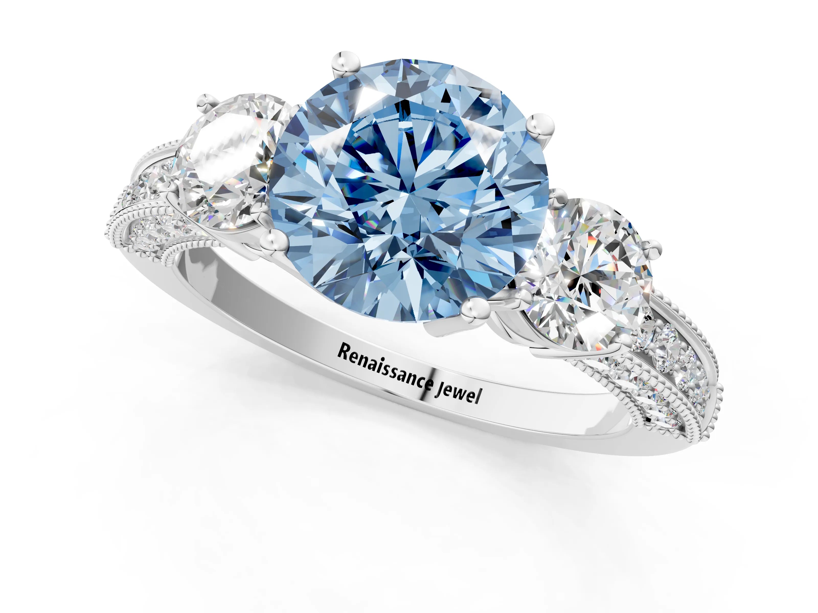 White gold Fancy Blue Round Cut Three-Stone Diamond Ring with Pavé Band and Four-Prong Setting_25
