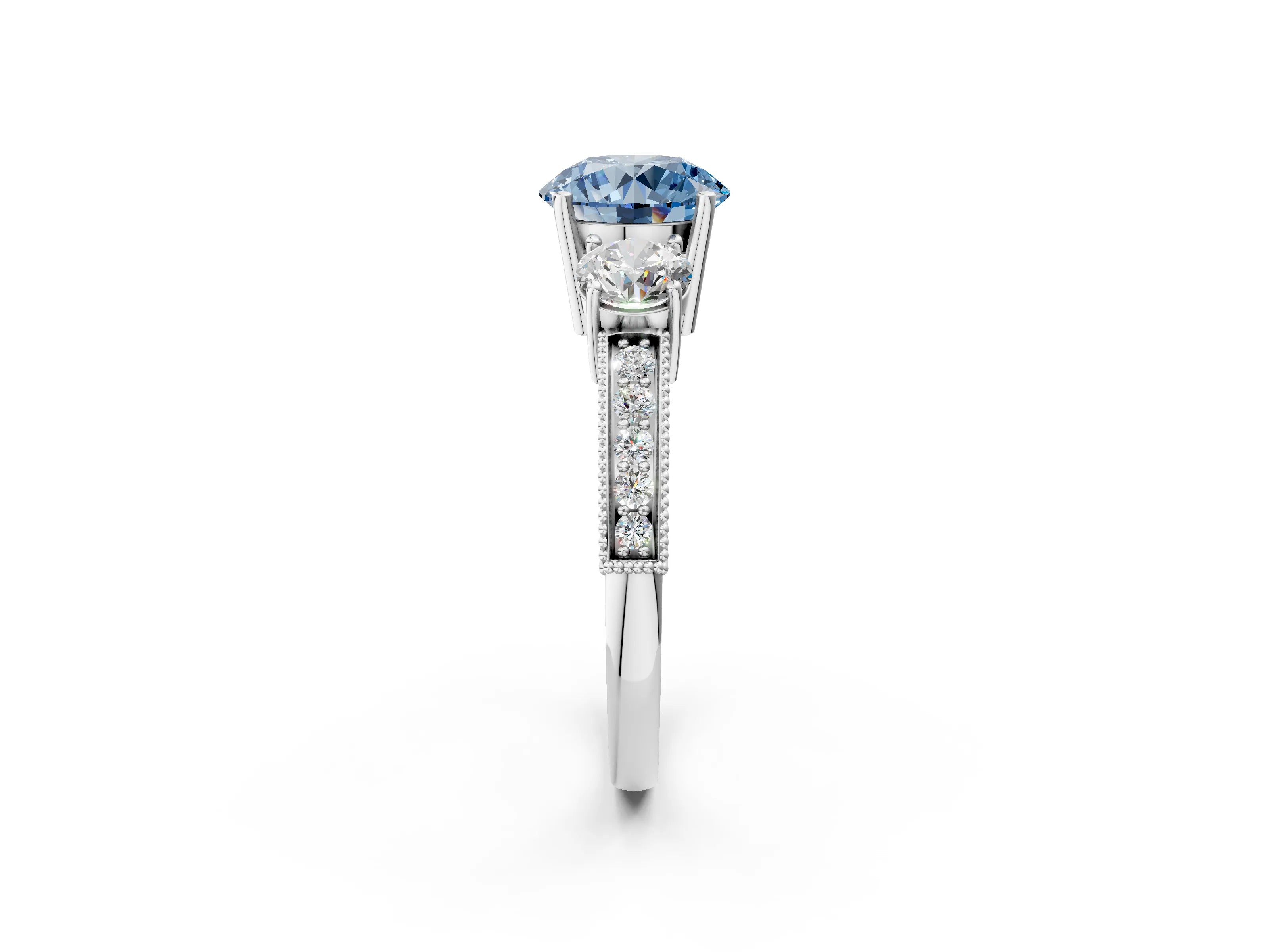 White gold Fancy Blue Round Cut Three-Stone Diamond Ring with Pavé Band and Four-Prong Setting_26