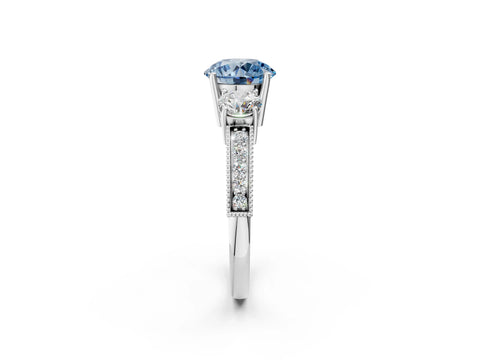 White gold Fancy Blue Round Cut Three-Stone Diamond Ring with Pavé Band and Four-Prong Setting_26