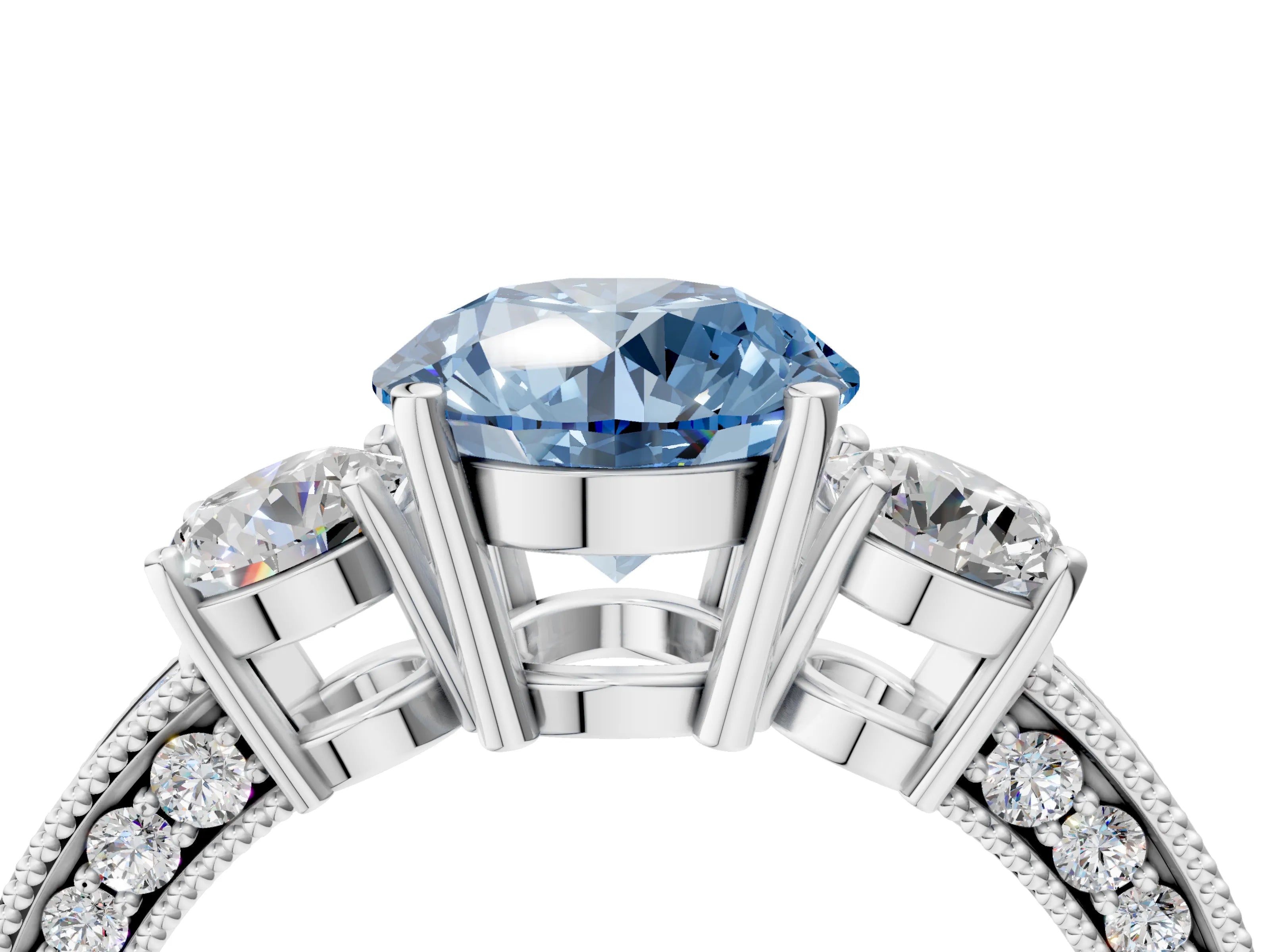 White gold Fancy Blue Round Cut Three-Stone Diamond Ring with Pavé Band and Four-Prong Setting_28
