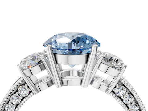 White gold Fancy Blue Round Cut Three-Stone Diamond Ring with Pavé Band and Four-Prong Setting_28