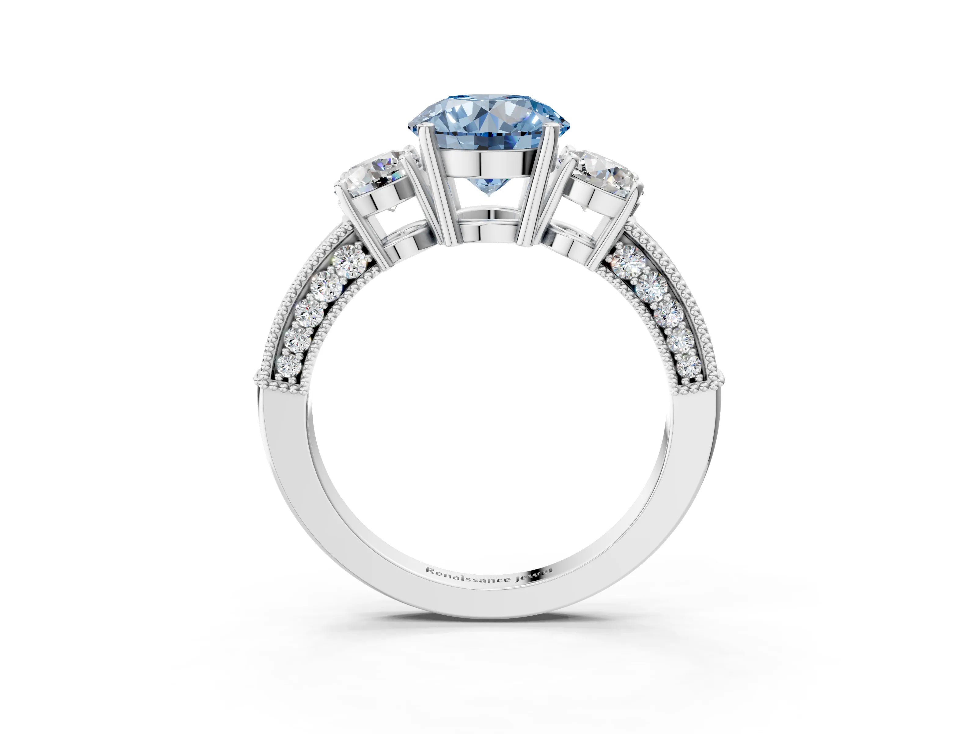 White gold Fancy Blue Round Cut Three-Stone Diamond Ring with Pavé Band and Four-Prong Setting_3