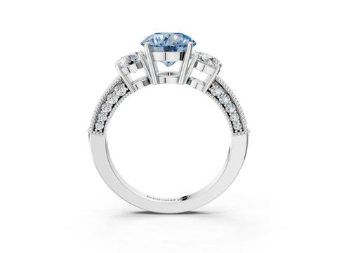 White gold Fancy Blue Round Cut Three-Stone Diamond Ring with Pavé Band and Four-Prong Setting_3
