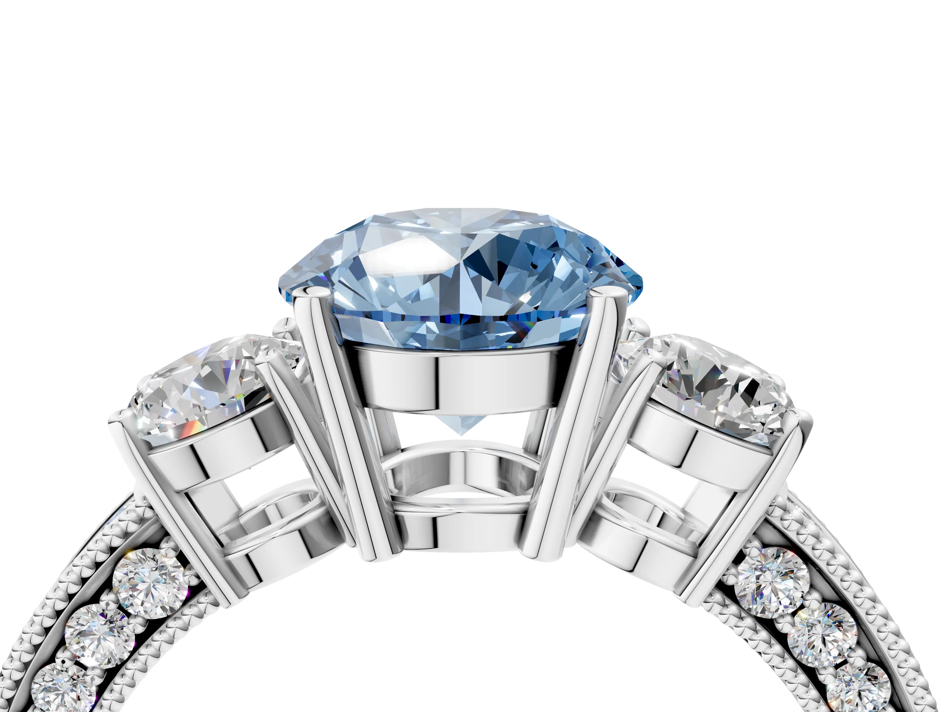 White gold Fancy Blue Round Cut Three-Stone Diamond Ring with Pavé Band and Four-Prong Setting_4