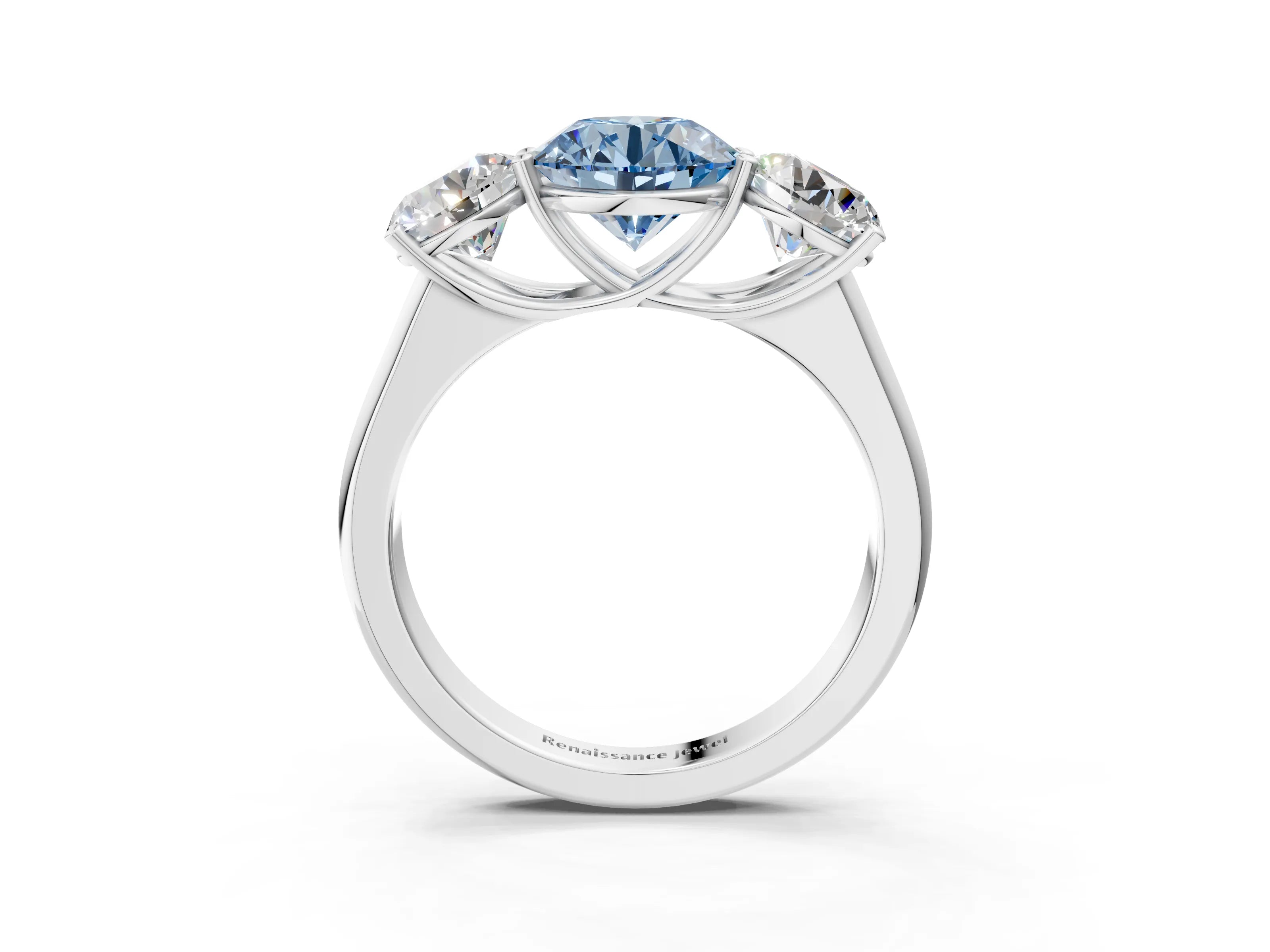 White gold Fancy Blue Round Cut Three-Stone Diamond Ring with Prong Setting on a Classic Band_3
