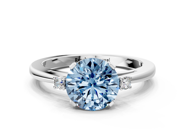 White gold Fancy Blue Round  Cut Three-Stone Solitaire Ring with Round Accent Diamonds and Four-Prong Setting