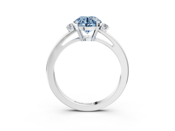 White gold Fancy Blue Round  Cut Three-Stone Solitaire Ring with Round Accent Diamonds and Four-Prong Setting