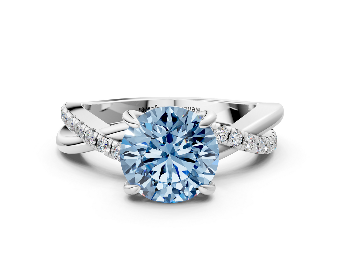 White gold Fancy Blue Round  Cut Twist Band Solitaire Diamond Ring with Pavé Setting_3