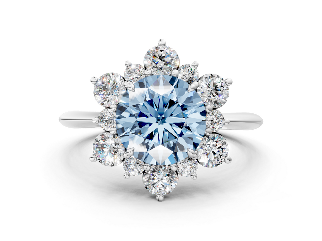 White gold Fancy Blue Round  Diamond Cluster Halo Ring with Solitaire Band and Four-Prong Setting_20