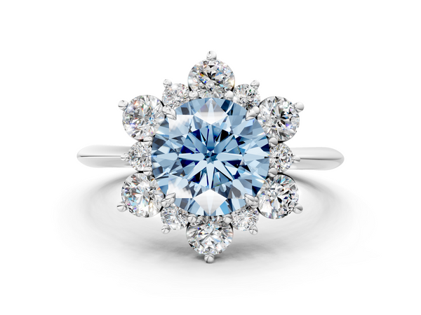 Platinum Fancy Blue Round  Diamond Cluster Halo Ring with Solitaire Band and Four-Prong Setting