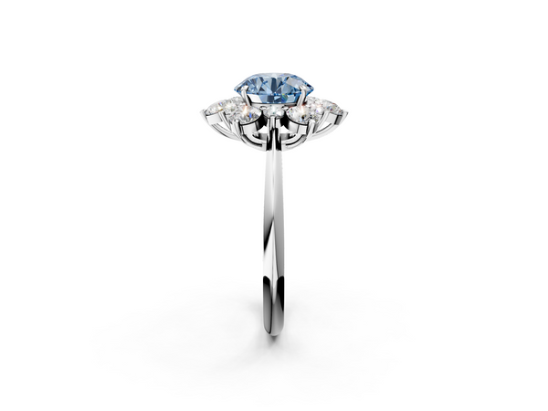 Platinum Fancy Blue Round  Diamond Cluster Halo Ring with Solitaire Band and Four-Prong Setting