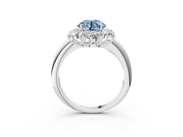 Platinum Fancy Blue Round  Diamond Cluster Halo Ring with Solitaire Band and Four-Prong Setting