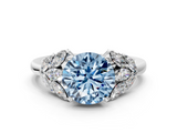 White gold Fancy Blue Round  Diamond Cluster Leaf Design Ring with Prong Setting_54