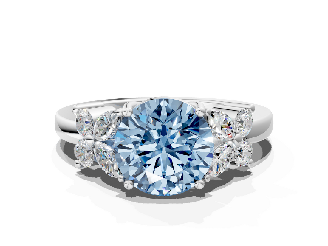 White gold Fancy Blue Round  Diamond Floral Cluster Ring with Solitaire Band and Prong Setting_48