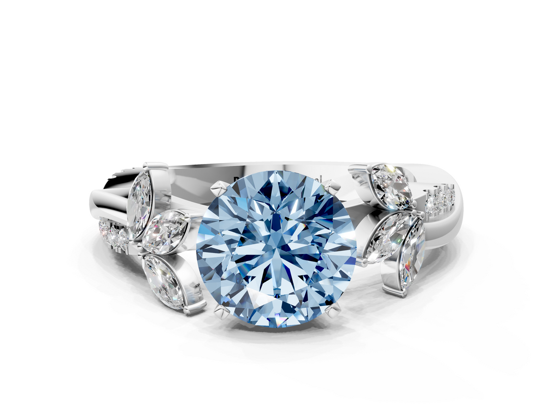 White gold Fancy Blue Round  Diamond Floral Vine Solitaire Engagement Ring_3
