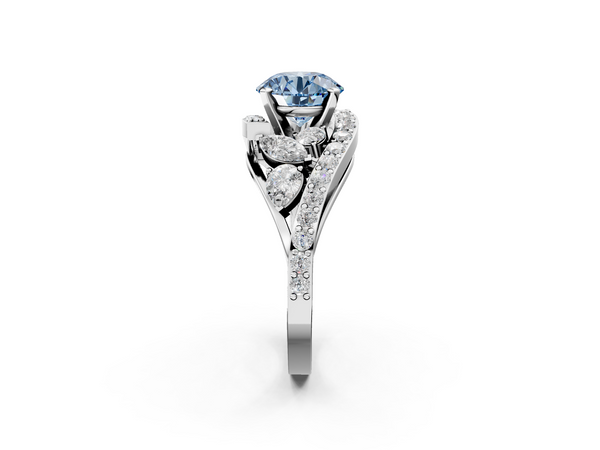 Platinum Fancy Blue Round  Diamond Halo Ring with Marquise and Pavé Band in Prong Setting