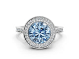 White gold Fancy Blue Round  Diamond Halo Ring with Milgrain Frame and Pavé Band_72