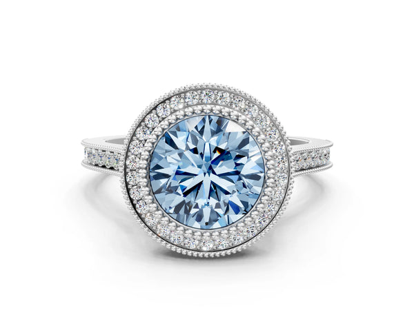 Platinum Fancy Blue Round  Diamond Halo Ring with Milgrain Frame and Pavé Band