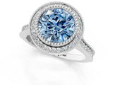 White gold Fancy Blue Round  Diamond Halo Ring with Milgrain Frame and Pavé Band_73