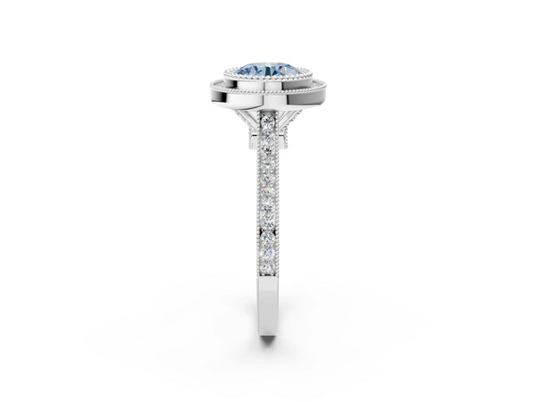 Platinum Fancy Blue Round  Diamond Halo Ring with Milgrain Frame and Pavé Band