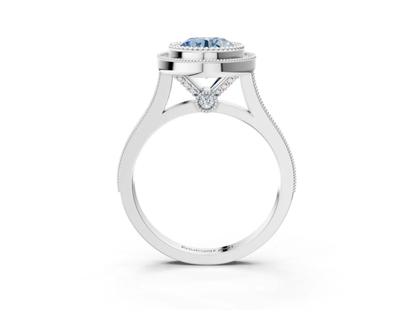 Platinum Fancy Blue Round  Diamond Halo Ring with Milgrain Frame and Pavé Band