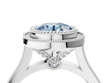 White gold Fancy Blue Round  Diamond Halo Ring with Milgrain Frame and Pavé Band_76