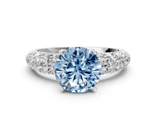 Platinum Fancy Blue Round  Diamond Pavé Band Solitaire Ring with Four-Prong Setting