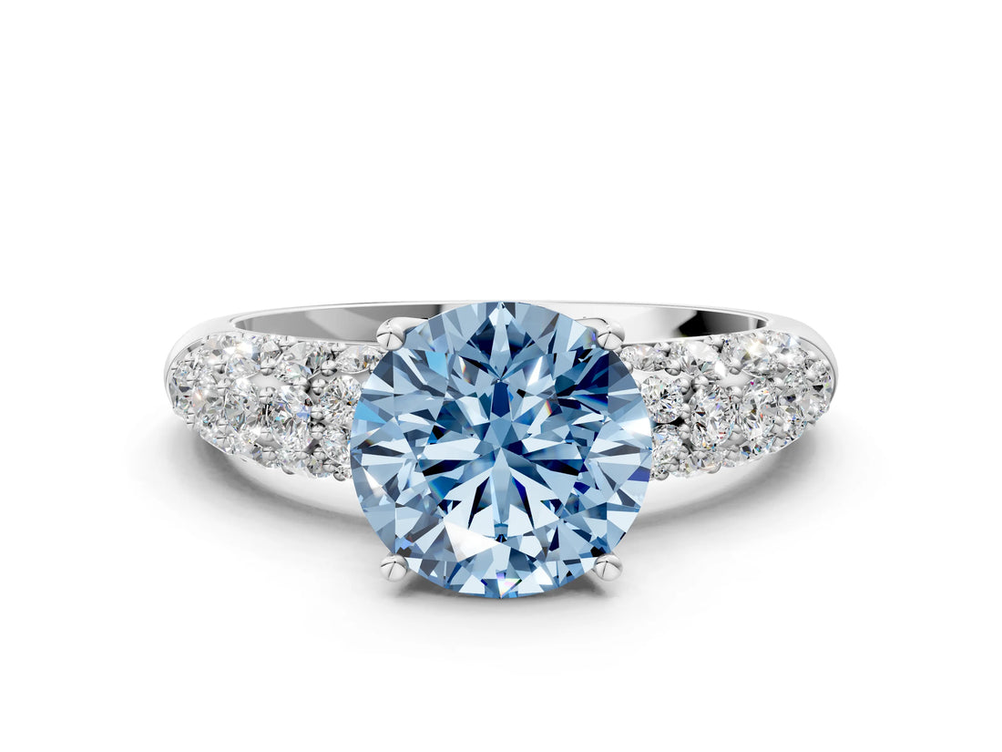 White gold Fancy Blue Round  Diamond Pavé Band Solitaire Ring with Four-Prong Setting_49