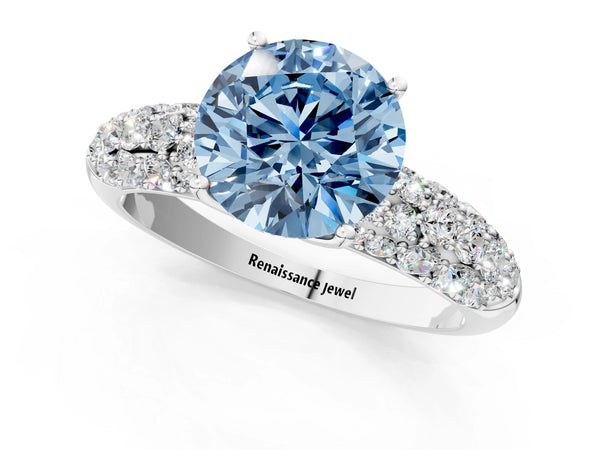 Platinum Fancy Blue Round  Diamond Pavé Band Solitaire Ring with Four-Prong Setting