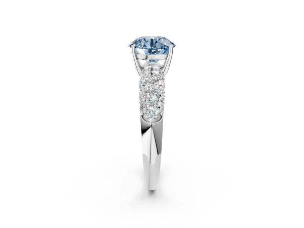 Platinum Fancy Blue Round  Diamond Pavé Band Solitaire Ring with Four-Prong Setting