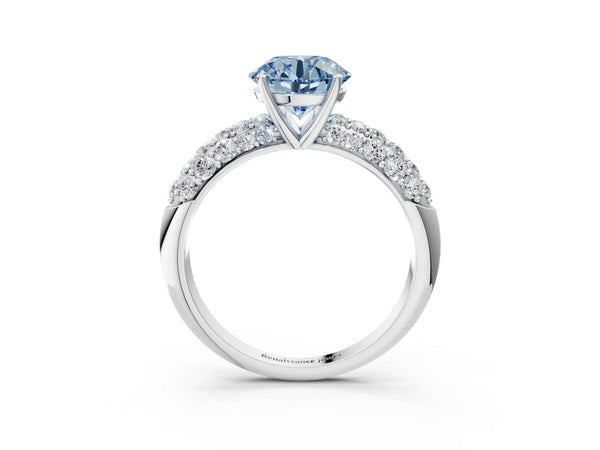 Platinum Fancy Blue Round  Diamond Pavé Band Solitaire Ring with Four-Prong Setting