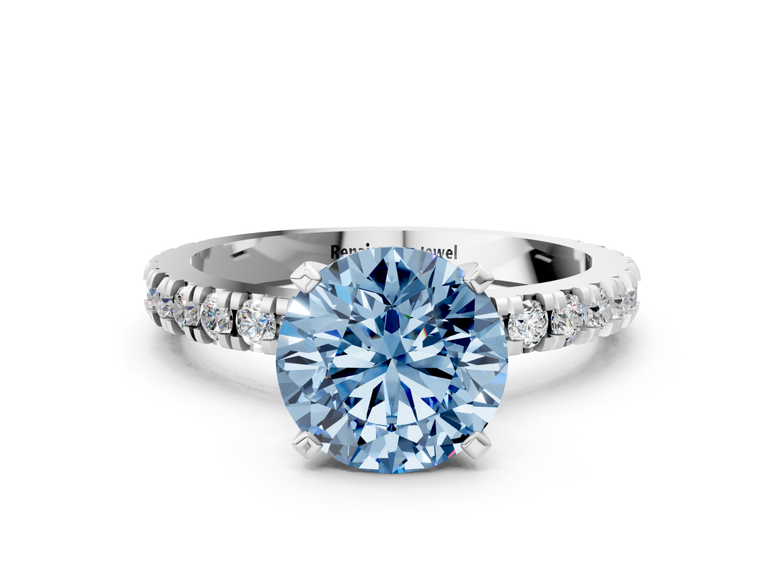 White gold Fancy Blue Round  Diamond Pavé Band Solitaire with Four-Prong Setting_213
