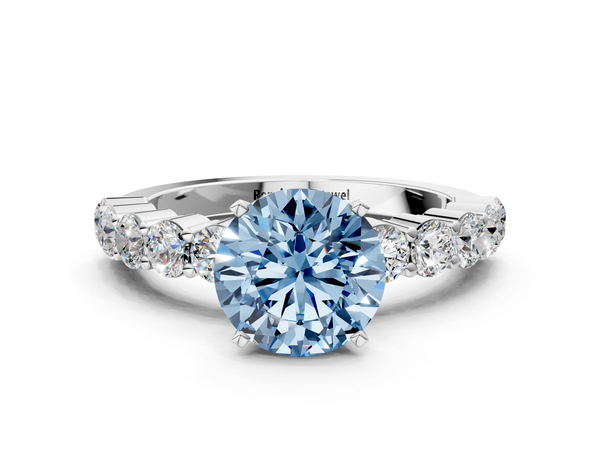 Platinum Fancy Blue Round  Diamond Solitaire Ring with Shared Prong Round Side Stones
