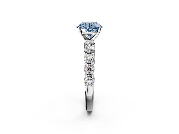 Platinum Fancy Blue Round  Diamond Solitaire Ring with Shared Prong Round Side Stones