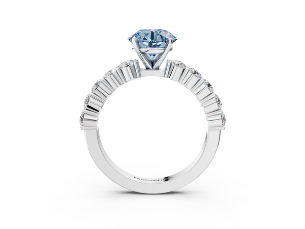 Platinum Fancy Blue Round  Diamond Solitaire Ring with Shared Prong Round Side Stones