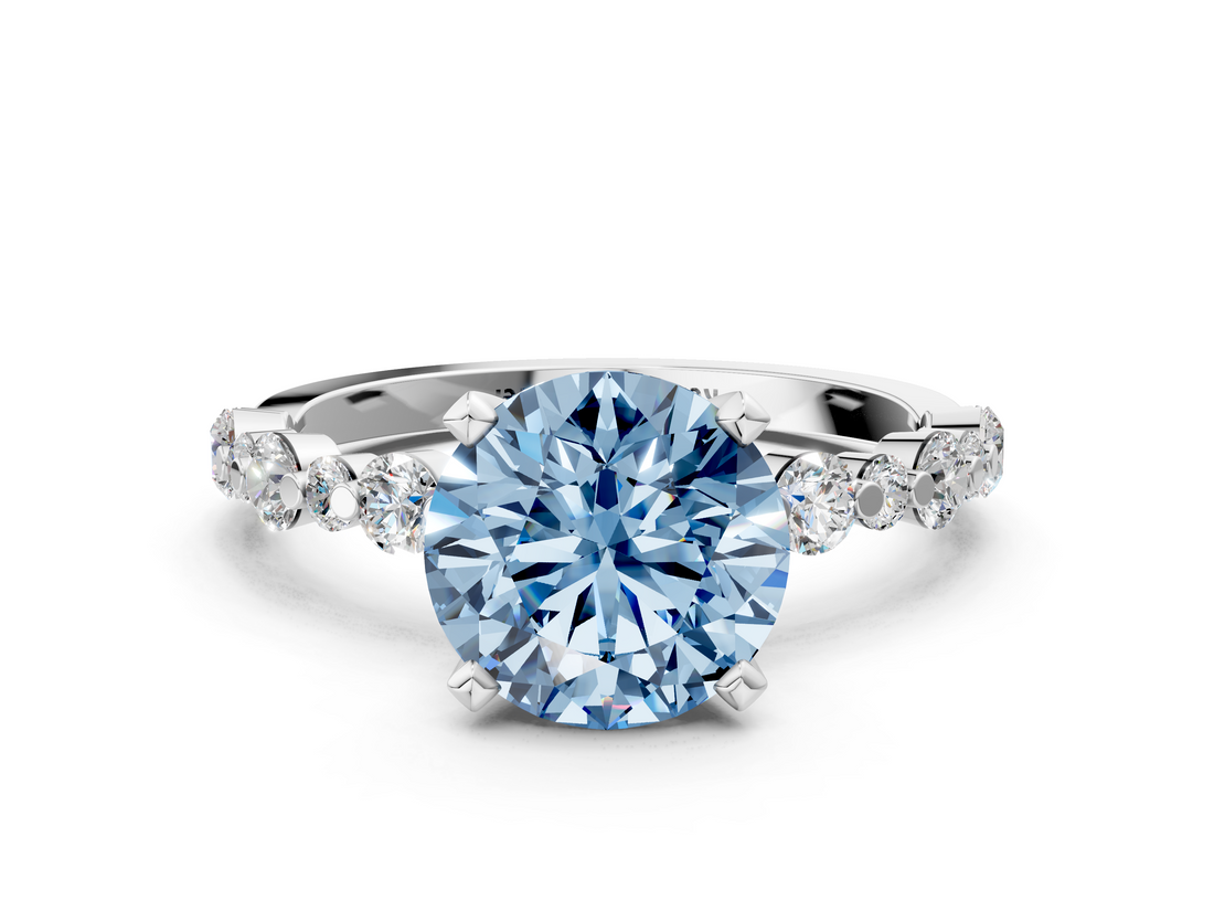 White gold Fancy Blue Round  Diamond Prong Set Engagement Ring with Pave Band_202