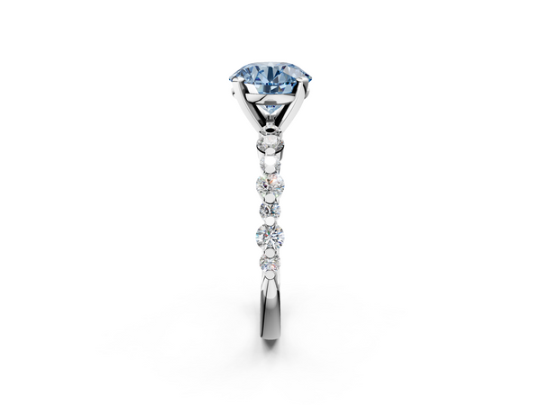 Platinum Fancy Blue Round Cut Diamond Prong Set Engagement Ring with Pavé Band