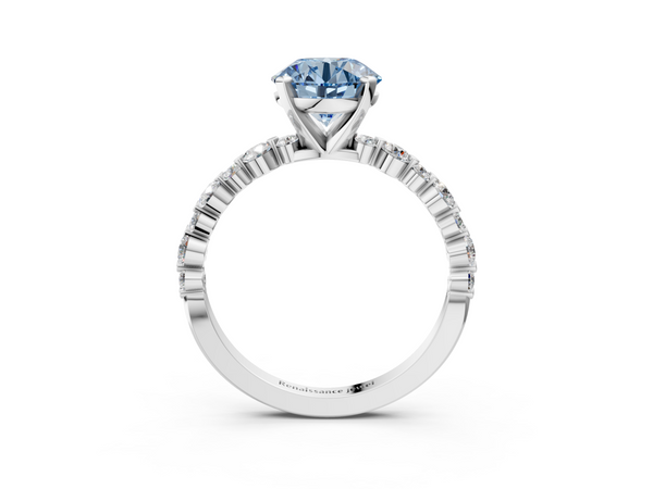 Platinum Fancy Blue Round Cut Diamond Prong Set Engagement Ring with Pavé Band