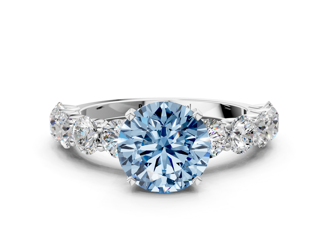 White gold Fancy Blue Round  Diamond Prong Setting with Side Stones on a Pave Band_100