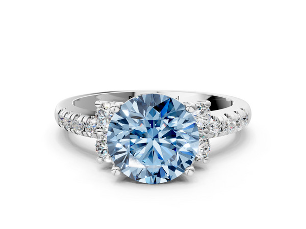 Platinum Fancy Blue Round  Diamond Three-Stone Pave Band with Four-Prong Setting
