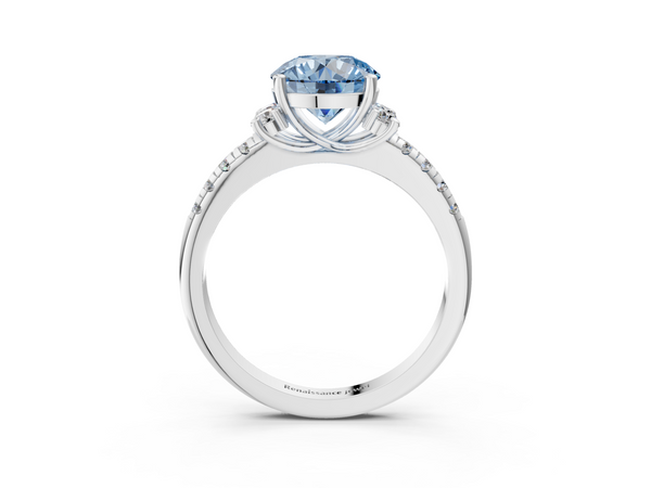 Platinum Fancy Blue Round  Diamond Three-Stone Pave Band with Four-Prong Setting
